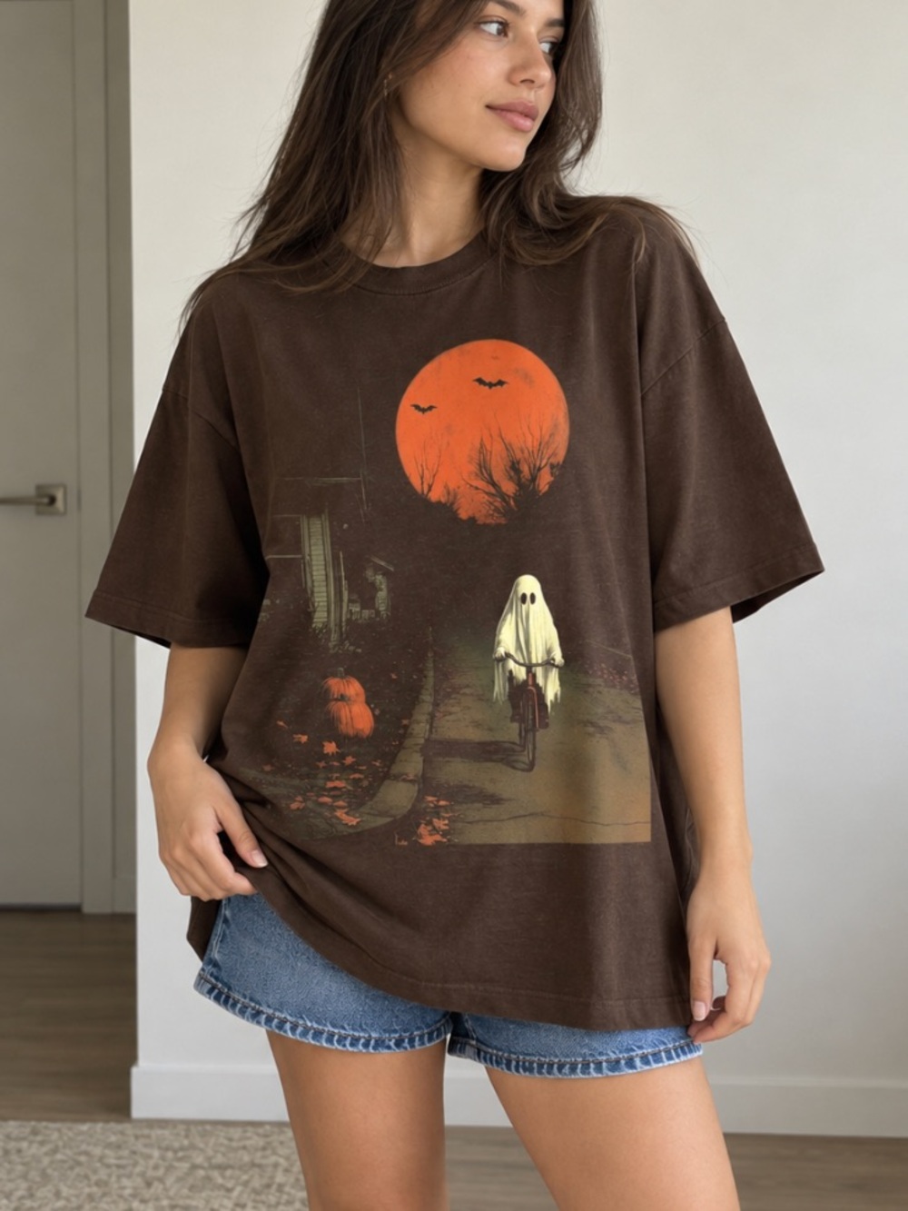 Gildan Brown Halloween Ghost Graphic Tee, Gift For Her, For Him